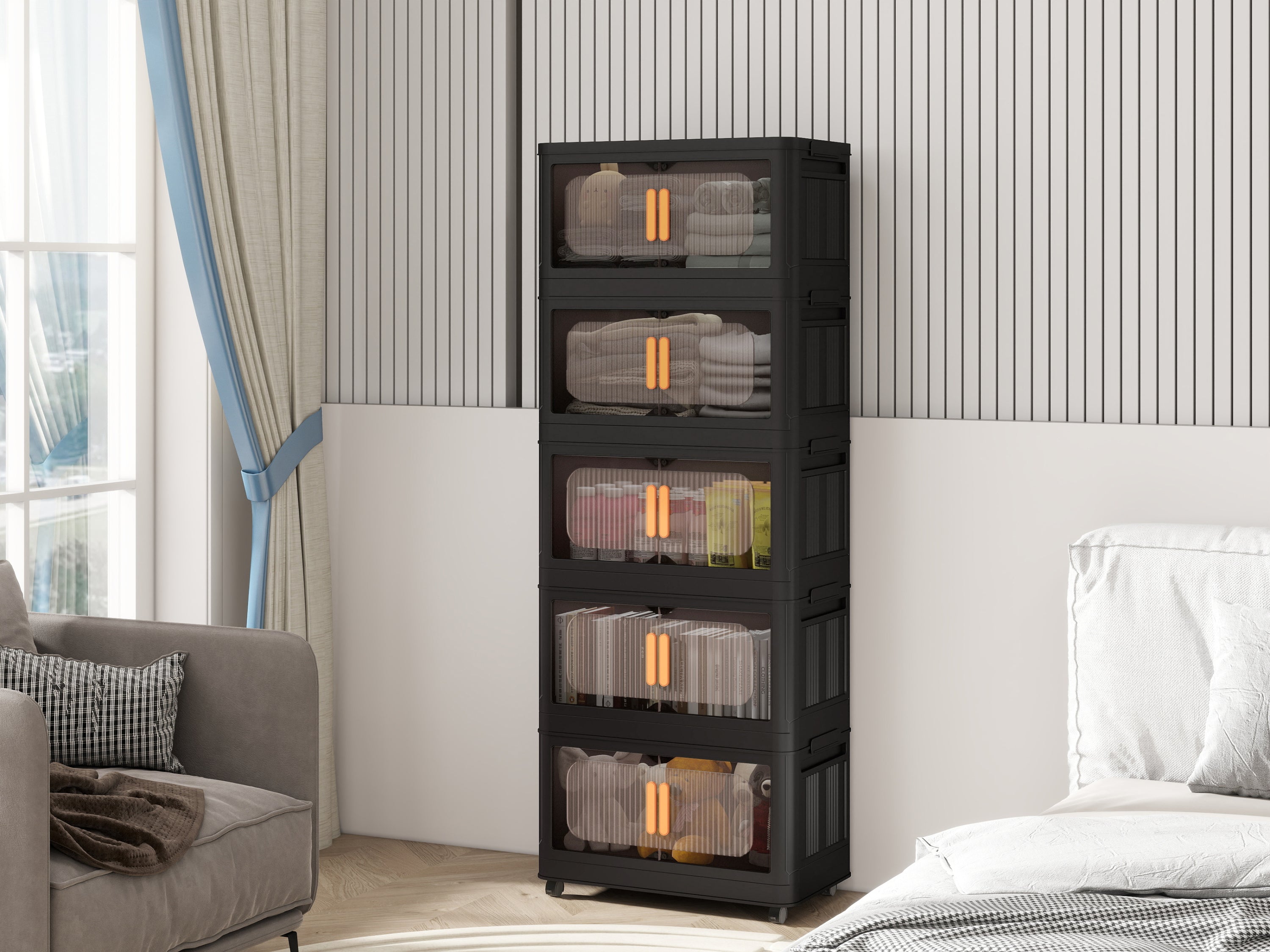 Folding Storage Cabinet 5-Tier 24-Inch Wide Black Plastic with Magnetic Doors and Wheels - Grand Goldman Shop