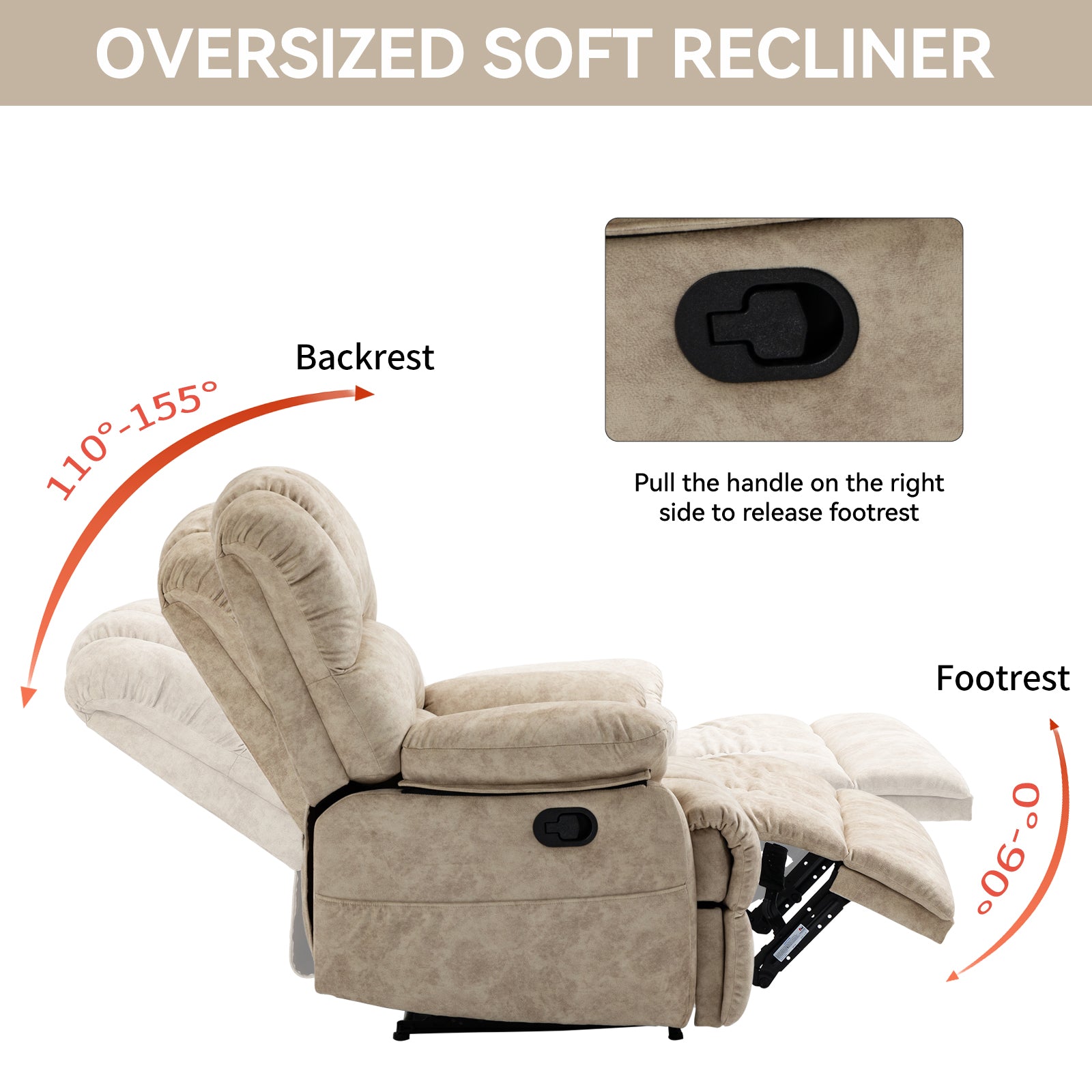 Large Manual Recliner Chair in Fabric for Living Room, Beige - Grand Goldman Shop