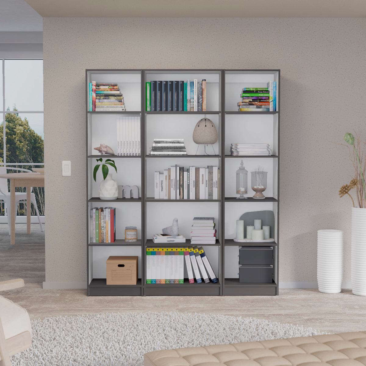 Bartow 3 Piece Home Bookcase set, 60' Wide with 15 Shelves ,  Living Room Set Set Matt Gray - White | Premium Home Decor - Gr