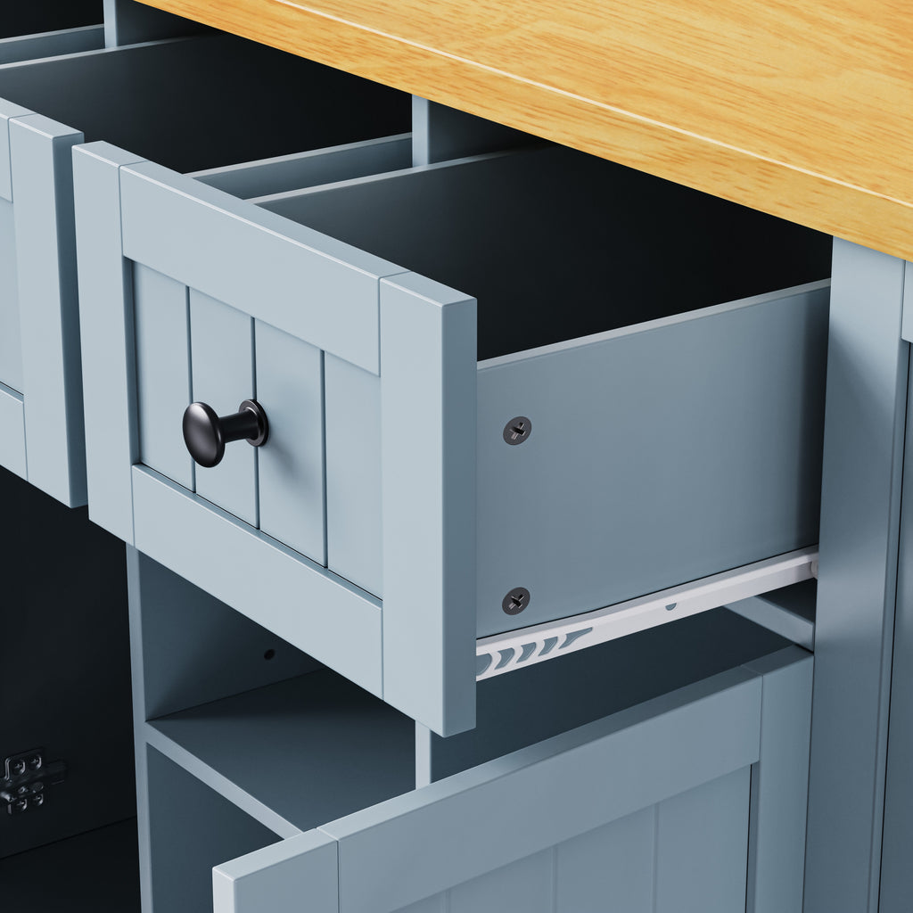 K&K 53inch Large Kitchen Island with 2 Bar Stools,Power Outlet,Door Internal Storage Rack,Kitchen Storage Cart on 5 Wheels with Drop Leaf,5 Open Side Racks,3 Drawers,Grey Blue (Three Packages) - Grand Goldman Shop