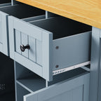 K&K 53inch Large Kitchen Island with 2 Bar Stools,Power Outlet,Door Internal Storage Rack,Kitchen Storage Cart on 5 Wheels with Drop Leaf,5 Open Side Racks,3 Drawers,Grey Blue (Three Packages) - Grand Goldman Shop