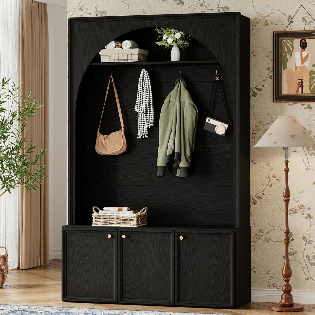 ON-TREND Farmhouse All-in-One Hall Tree with Adjustable Shelves, Retro Arched Entryway Storage Bench with 3 Cabinets, Wooden Coat Rack Organizer with 4 Golden Hooks for Mudroom, Hallway, Black - Grand Goldman Shop