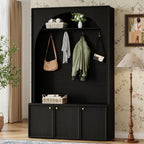 ON-TREND Farmhouse All-in-One Hall Tree with Adjustable Shelves, Retro Arched Entryway Storage Bench with 3 Cabinets, Wooden Coat Rack Organizer with 4 Golden Hooks for Mudroom, Hallway, Black - Grand Goldman Shop