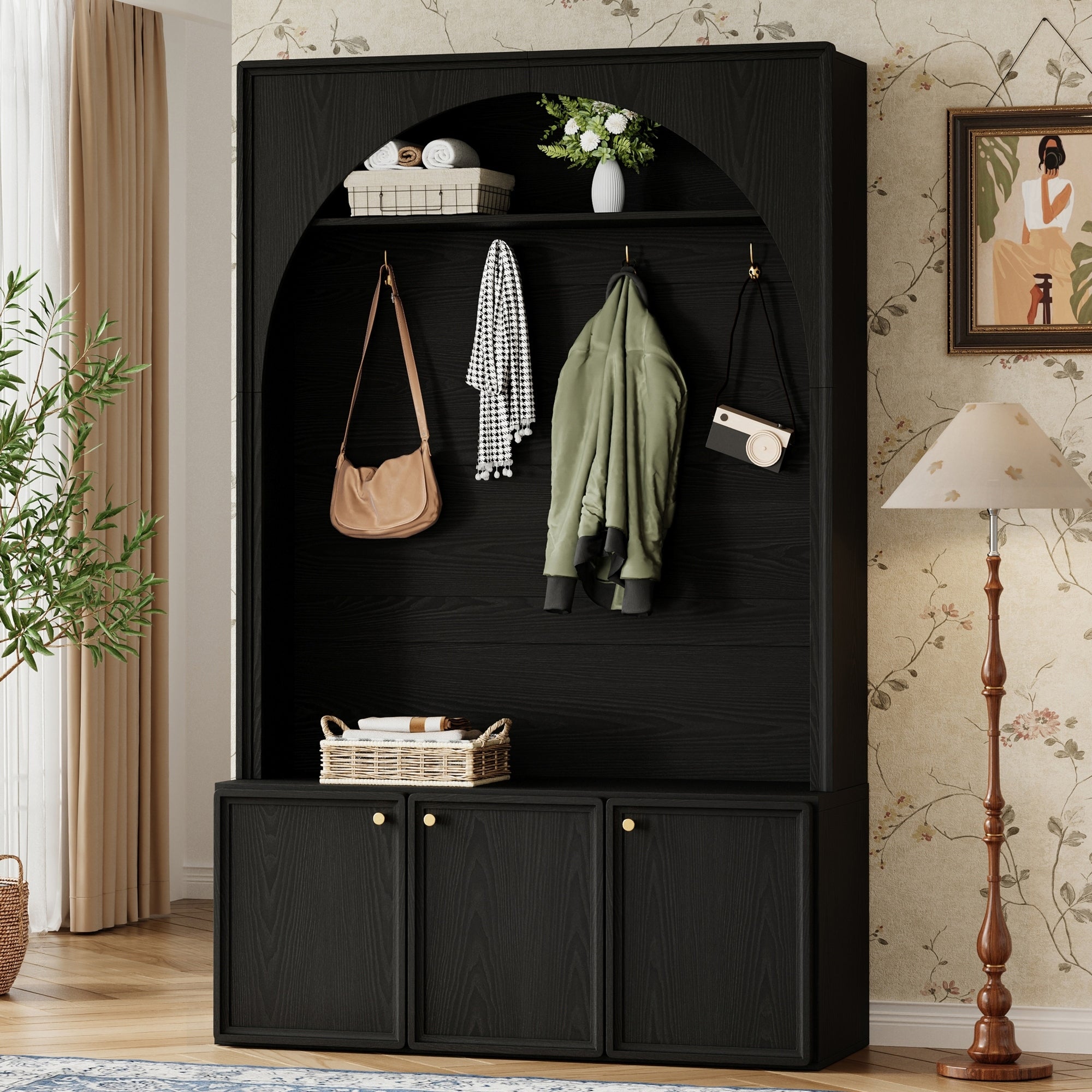 ON-TREND Farmhouse All-in-One Hall Tree with Adjustable Shelves, Retro Arched Entryway Storage Bench with 3 Cabinets, Wooden Coat Rack Organizer with 4 Golden Hooks for Mudroom, Hallway, Black - Grand Goldman Shop