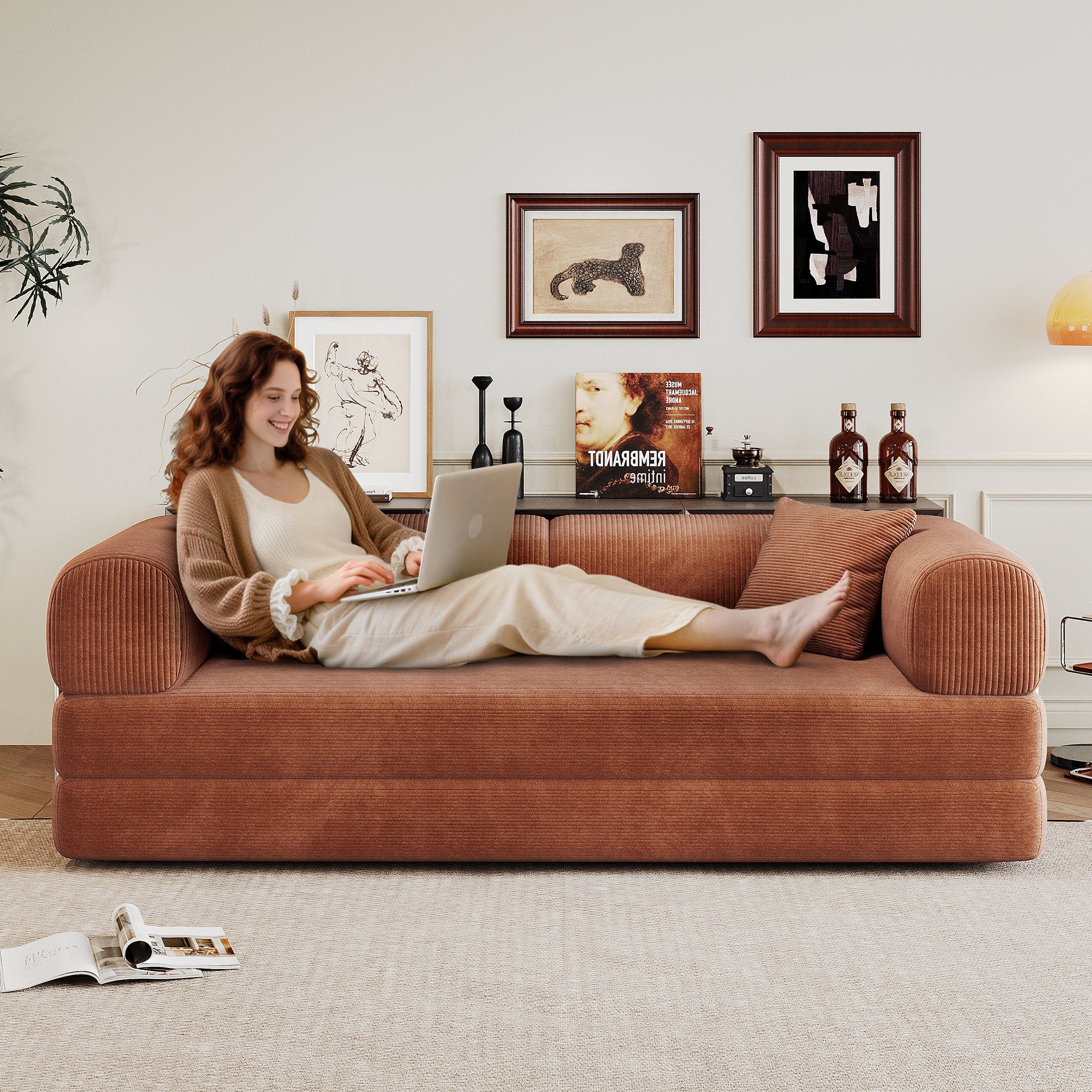 78.8' Compression Sofa,Convertible Floor Sofa Bed-with Pillow Back Support Armrest,Comfy Futon Couch Sleeper Bed,Loveseats Boneless Modular Sectional Sofa,Corduroy fabric,for Living Room,Bedroom,Brown - Grand Goldman Shop