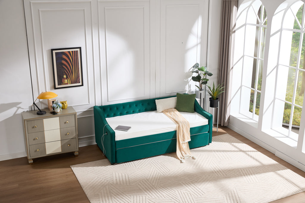 Twin Size Upholstered Daybed with Trundle,USB Port ,Side Pockets,Velvet Daybed with Button on Back and Piping on Waved Shape Arms for Bedroom Guest Room - Grand Goldman Shop