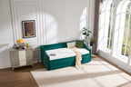 Twin Size Upholstered Daybed with Trundle,USB Port ,Side Pockets,Velvet Daybed with Button on Back and Piping on Waved Shape Arms for Bedroom Guest Room - Grand Goldman Shop