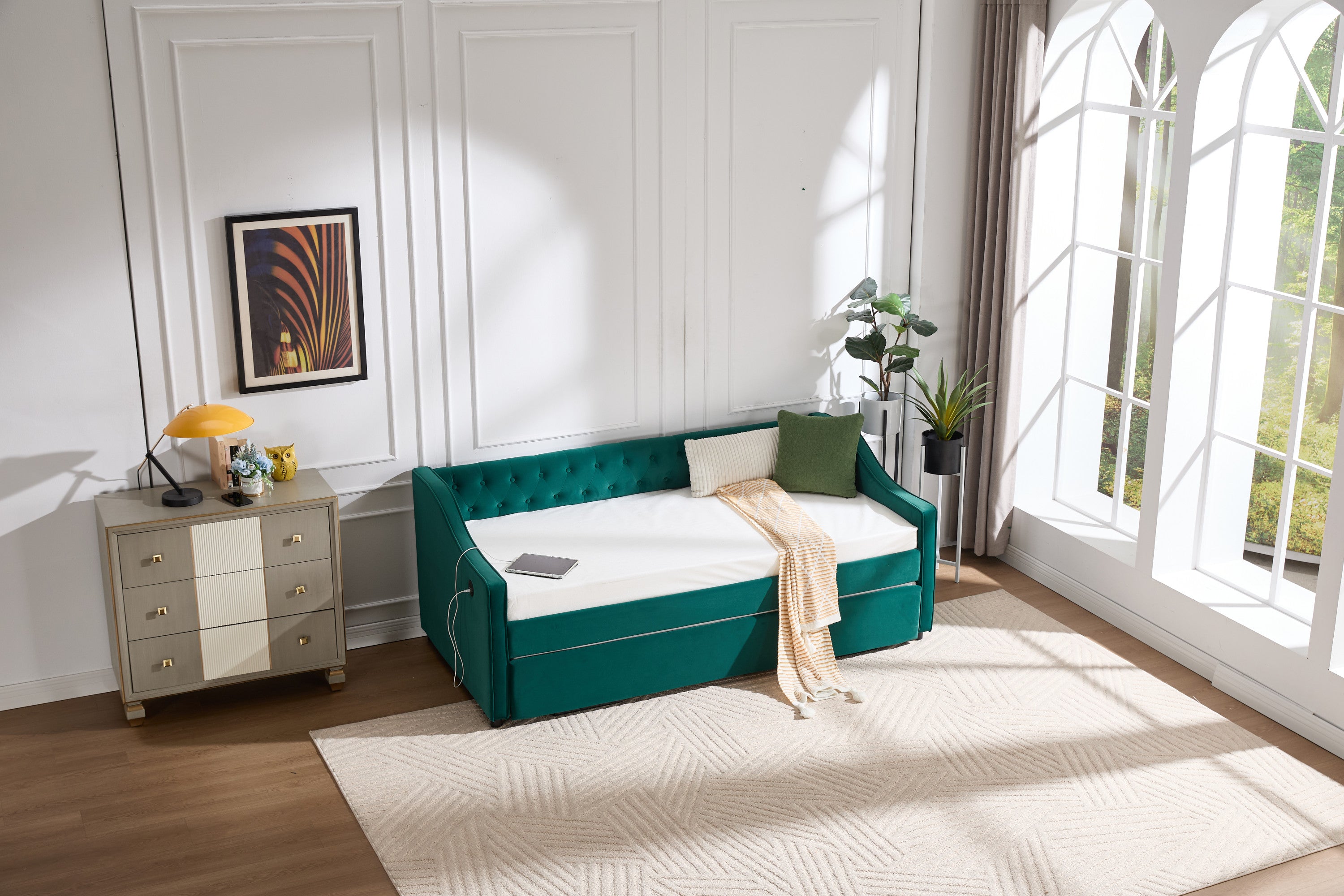 Twin Size Upholstered Daybed with Trundle,USB Port ,Side Pockets,Velvet Daybed with Button on Back and Piping on Waved Shape Arms for Bedroom Guest Room - Grand Goldman Shop
