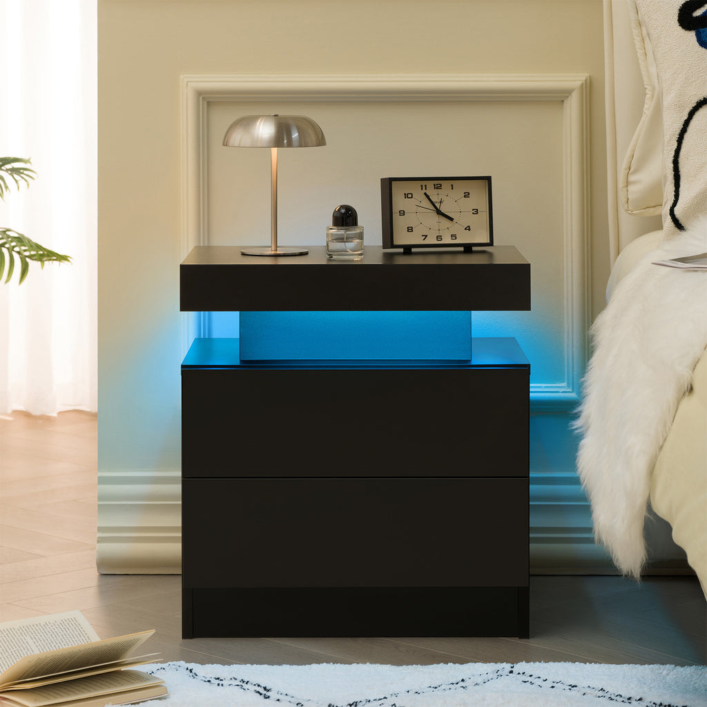 Nightstand LED Bedside Table Cabinet Lights Modern End Side with 2 Drawers for Bedroom (Black) - Grand Goldman Shop