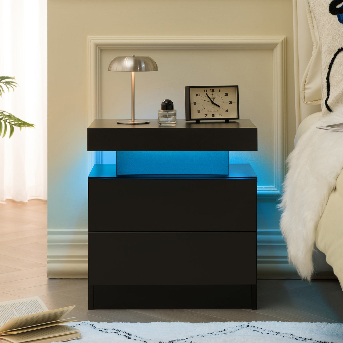 Nightstand LED Bedside Table Cabinet Lights Modern End Side with 2 Drawers for Bedroom (Black) - Grand Goldman Shop
