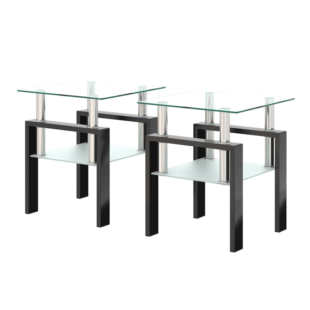 Modern Tempered Glass Tea Coffee End Table Set of 2, Transparent/Black, Metal Legs, Square Design - Grand Goldman Shop