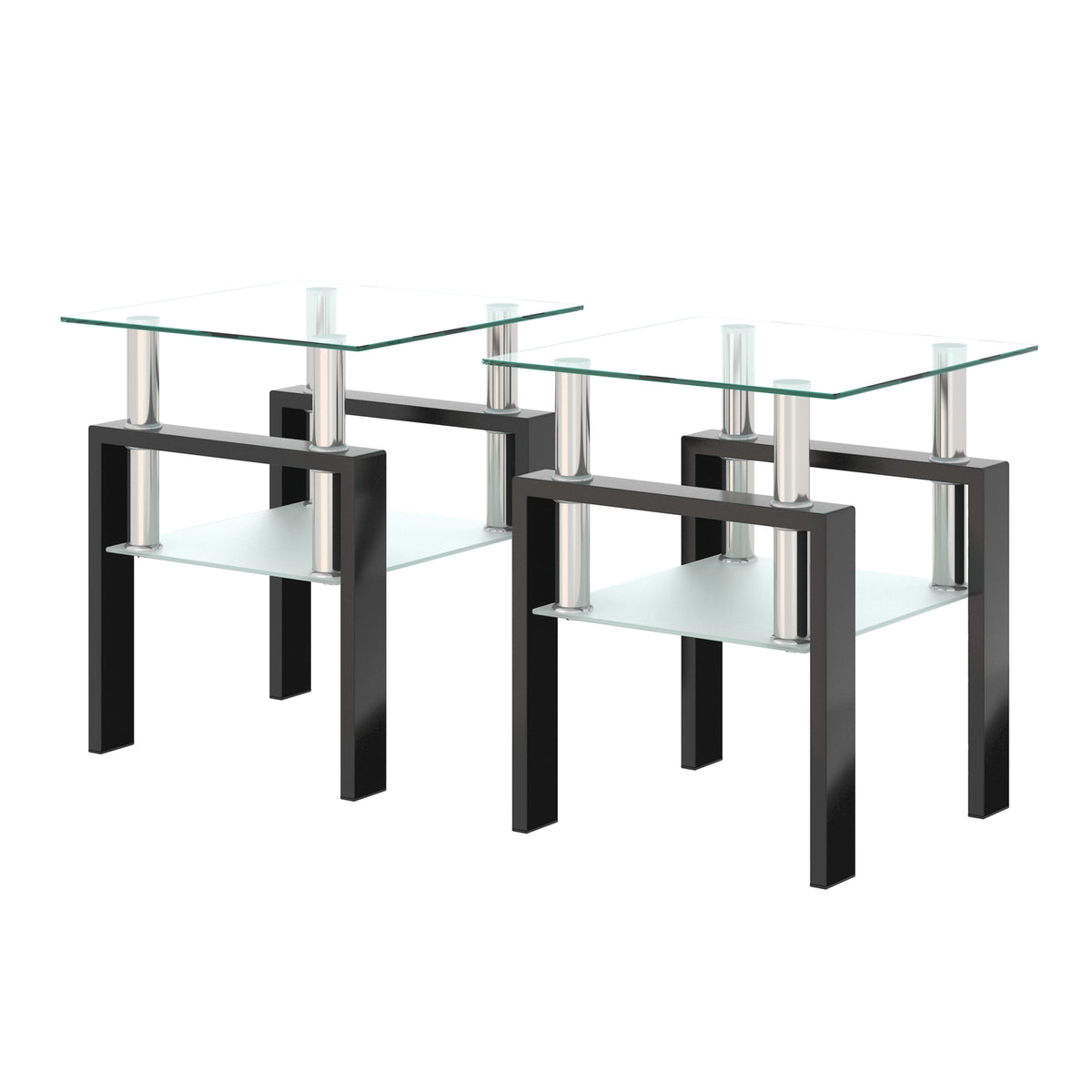 Modern Tempered Glass Tea Coffee End Table Set of 2, Transparent/Black, Metal Legs, Square Design - Grand Goldman Shop