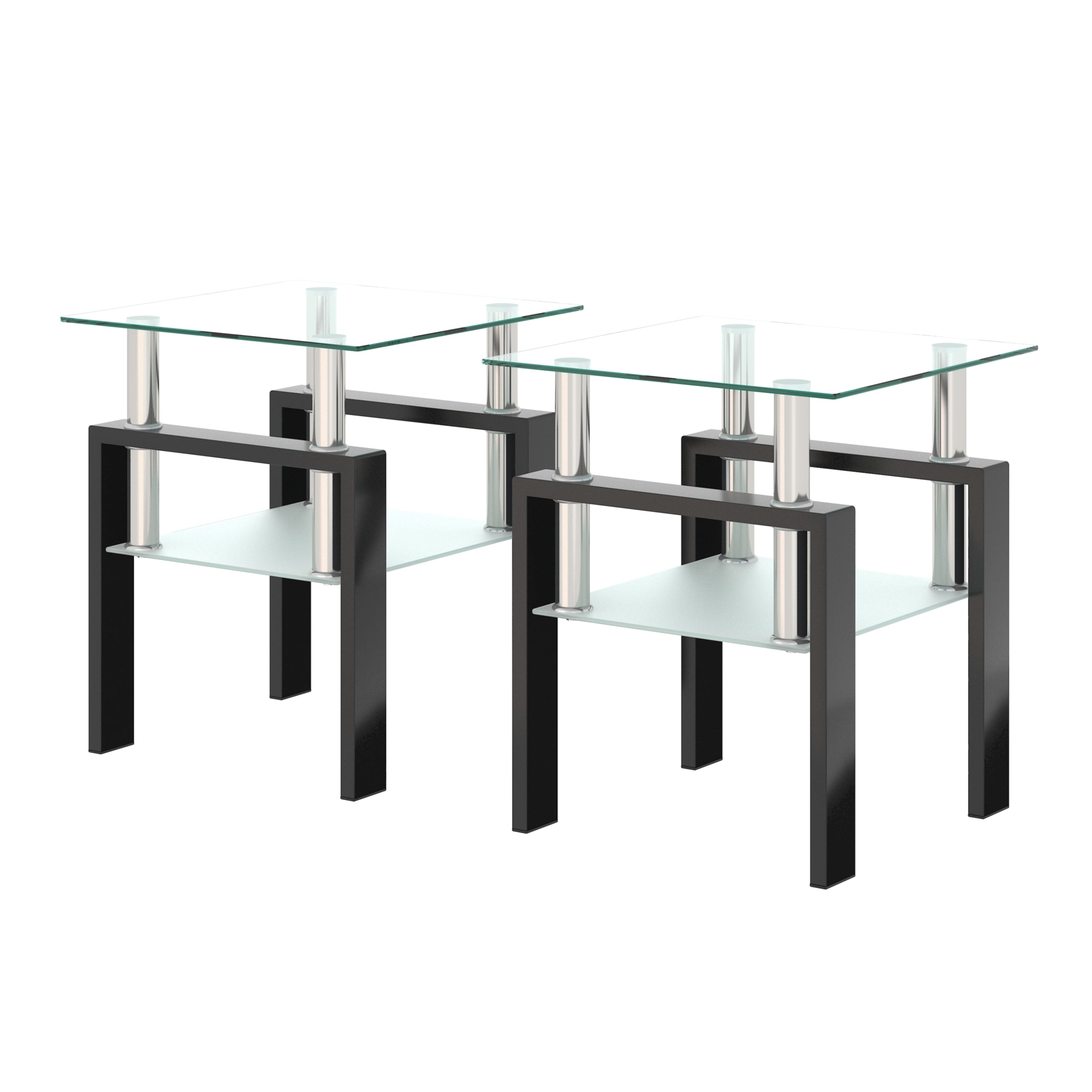 Modern Tempered Glass Tea Coffee End Table Set of 2, Transparent/Black, Metal Legs, Square Design - Grand Goldman Shop