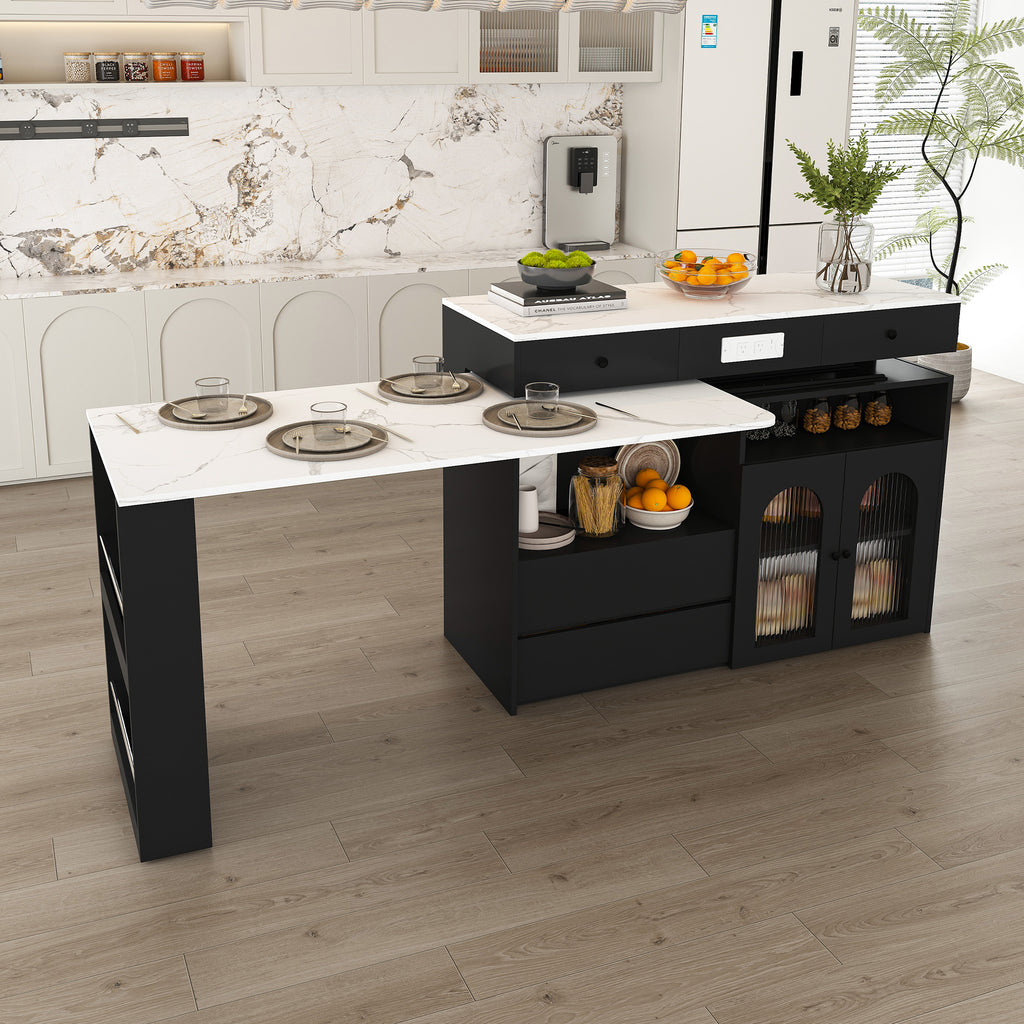 Retro Kitchen Island with Extendable Rotating Table, Black Marble Veneer on MDF, 4 Drawers & Glass Door Cabinets, Built-in Socket, Fits 2-4 People - Grand Goldman Shop