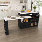 Retro Kitchen Island with Extendable Rotating Table, Black Marble Veneer on MDF, 4 Drawers & Glass Door Cabinets, Built-in Socket, Fits 2-4 People - Grand Goldman Shop