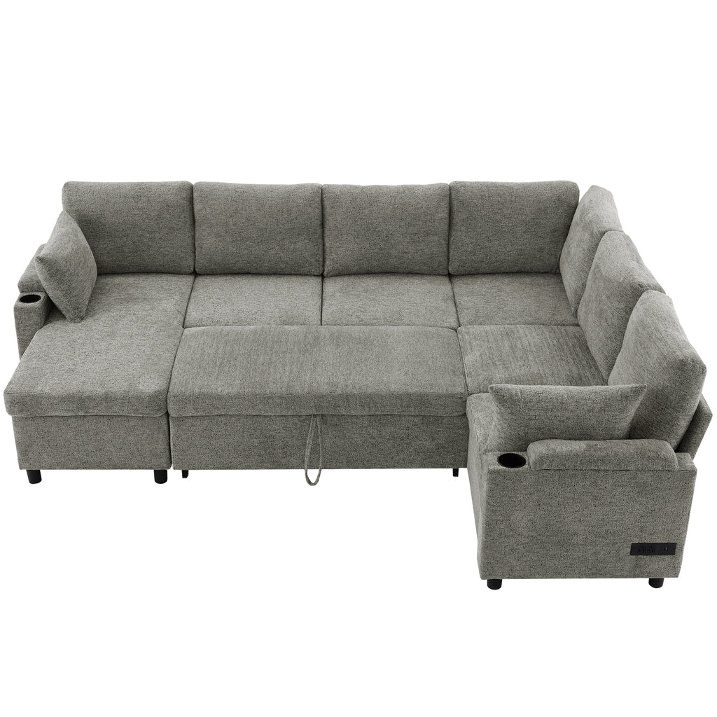 Versatile Light Grey Chenille Sectional Sofa Bed with Storage, Cup Holders & Charging Ports, 109.9' - Grand Goldman Shop