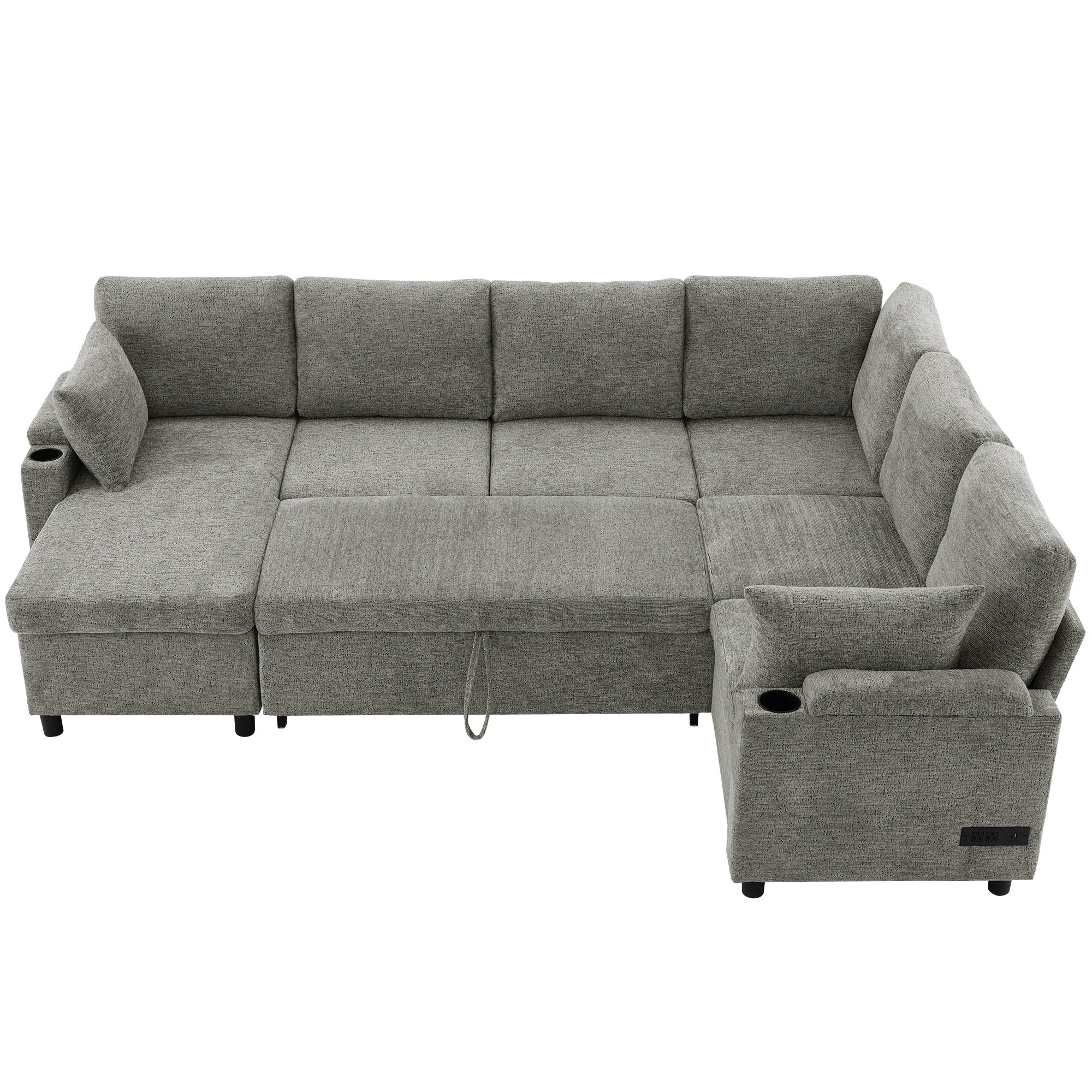 Versatile Light Grey Chenille Sectional Sofa Bed with Storage, Cup Holders & Charging Ports, 109.9' - Grand Goldman Shop