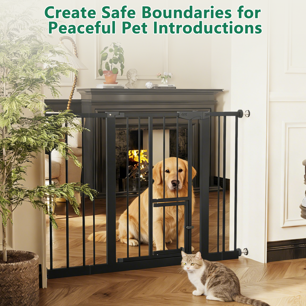 Baby Gate with Cat Door, 29.5-44.1' Metal Pet Door for Stairs & Doorways,Pressure Mounted,No Tools Needed, Black | Premium Ho