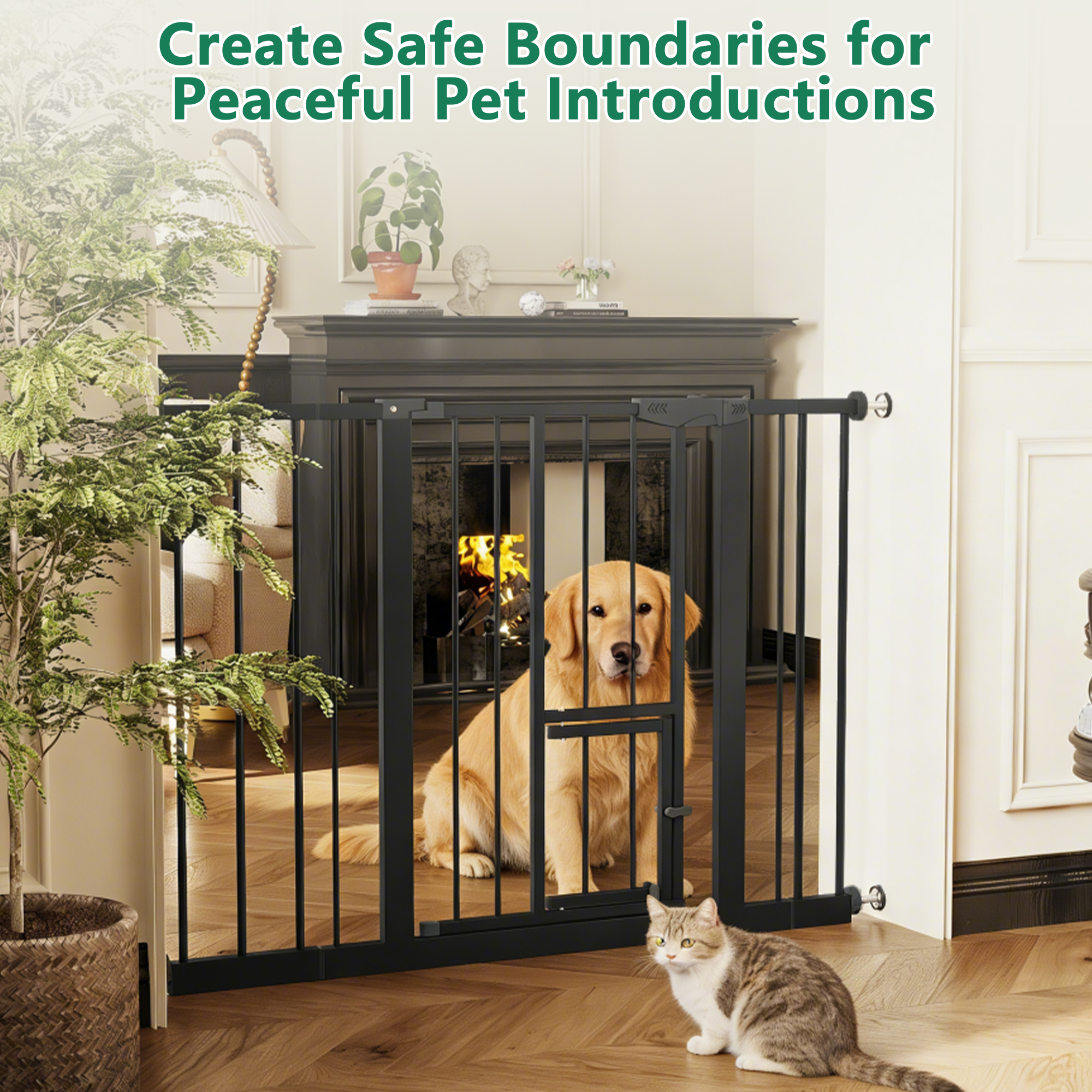 Baby Gate with Cat Door, 29.5-44.1' Metal Pet Door for Stairs & Doorways,Pressure Mounted,No Tools Needed, Black | Premium Ho