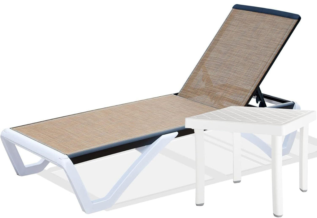 Pool Lounge Chair Aluminum Adjustable Outdoor Chaise Lounge,All Weather Plastic Poolside Lounge Chair with Table for Deck Lawn Backyard, Brown Textilene