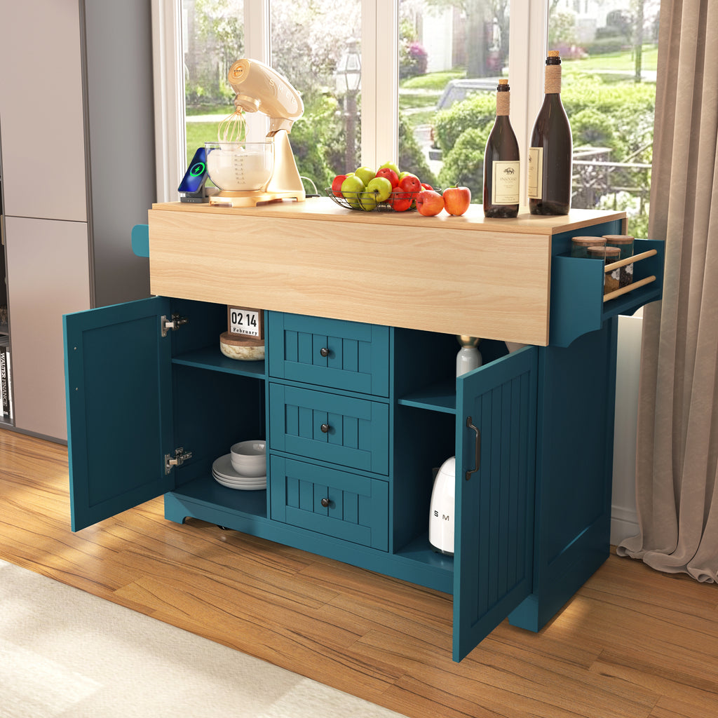 K&K 55.7'' Large Kitchen Island with 2 Drop Leaf,, Rolling Kitchen Cart on 5 Wheels with Power Outlet, Folding Storage Dining Table with Spice & Towel Rack , 3 Drawers, for Kitchen, Dining Room,Green - Grand Goldman Shop