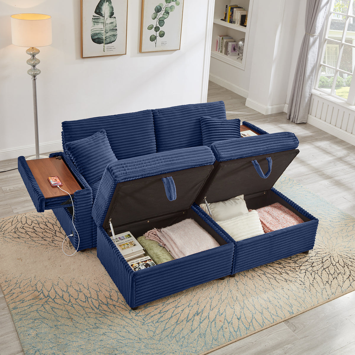 Comfortable Fluffy Corduroy Lazy Sofa, Storage Space for Big Loveseat, Super Soft Chaise Lounge with Double Ottomans and Table Board,Suitable for Chailiving - Grand Goldman Shop