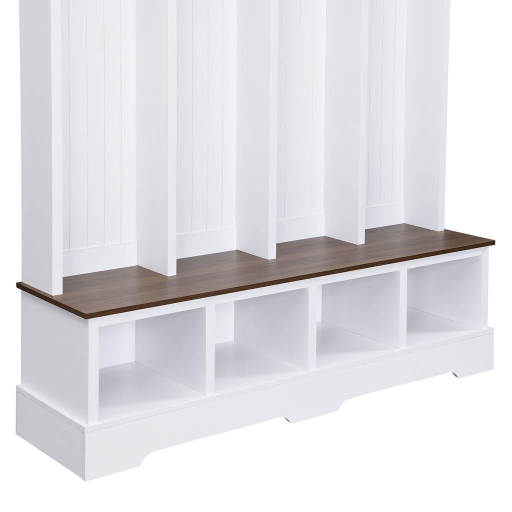 Farmhouse Hall Tree with 8 Hooks, Practical Entryway Bench with Open Compartments, 76.7'H Modern 3-in-1 Wooden Style Coat and Shoe Rack for Mudroom, Living Room, White (OLD SKU: N721P292601K) - Grand Goldman Shop