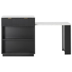 K&K 82.6' Fluted Kitchen Island with Extendable Dining Table for 4-6, Island Table for Kitchen with Power Outlet, Kitchen Table with Double-Side Storage, 2 Drawers 2 Side Open Shelves, Black - Grand Goldman Shop