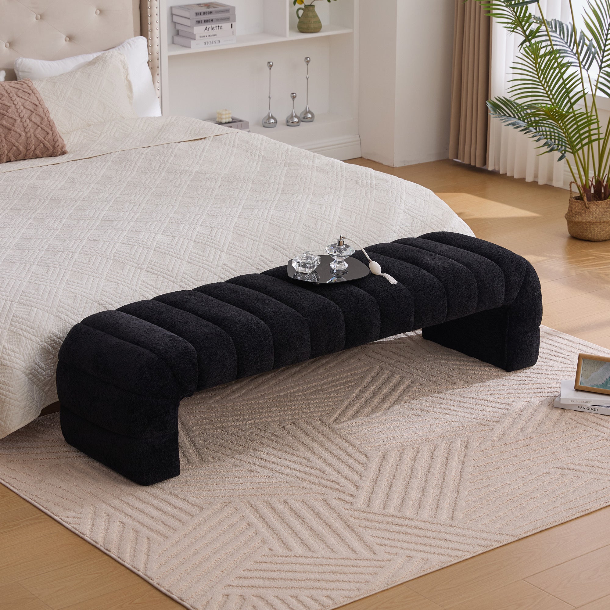 Modern Upholstered Armless Bed Bench with Channel Tufted Design in Black Chenille - Grand Goldman Shop