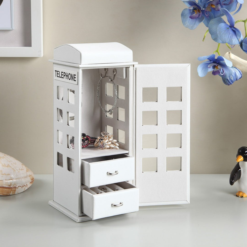11.5' Tall Leather Jewelry Box, British Telephone Design, White - Grand Goldman Shop