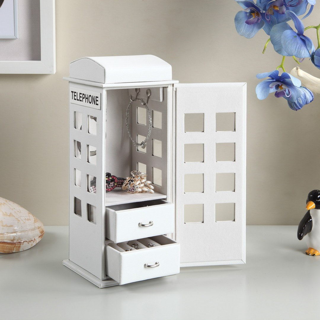 11.5' Tall Leather Jewelry Box, British Telephone Design, White - Grand Goldman Shop
