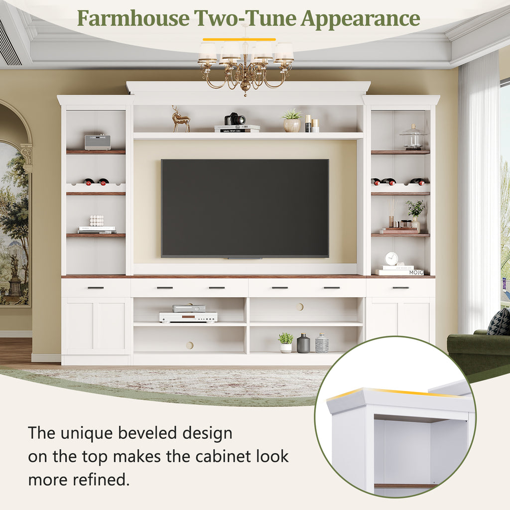 Farmhouse Entertainment Wall Unit with Bookshelf for TVs Up to 70', Walnut TV Stand with Adjustable Shelves, Mid-Century Media Console with Wine Rack for Living Room, White (NEW SKU: N721S000046K-2) - Grand Goldman Shop