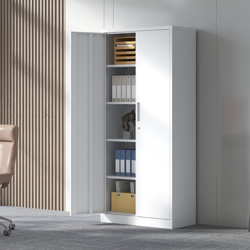 71'H Metal Garage Storage Cabinet, White Tool Steel Locking Cabinet with Doors and 4 Adjustable Shelves, Tall Cabinets for Ga