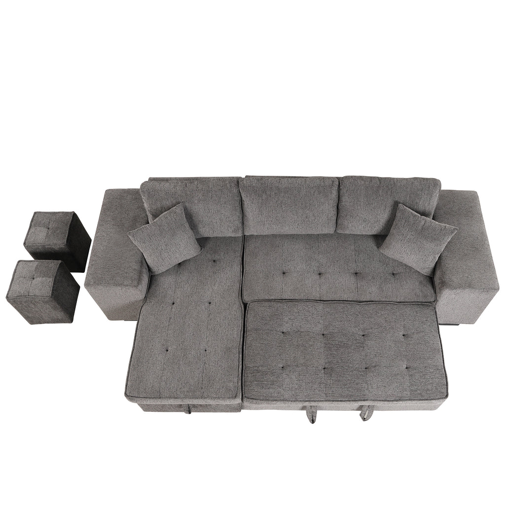 104.5' Modern L-Shape 3 Seat Reversible Sectional Couch, Pull Out Sleeper Sofa with Storage Chaise and 2 Stools for Living Room Furniture Set,Knox Charcoal (old sku:SG000431AAA) - Grand Goldman Shop