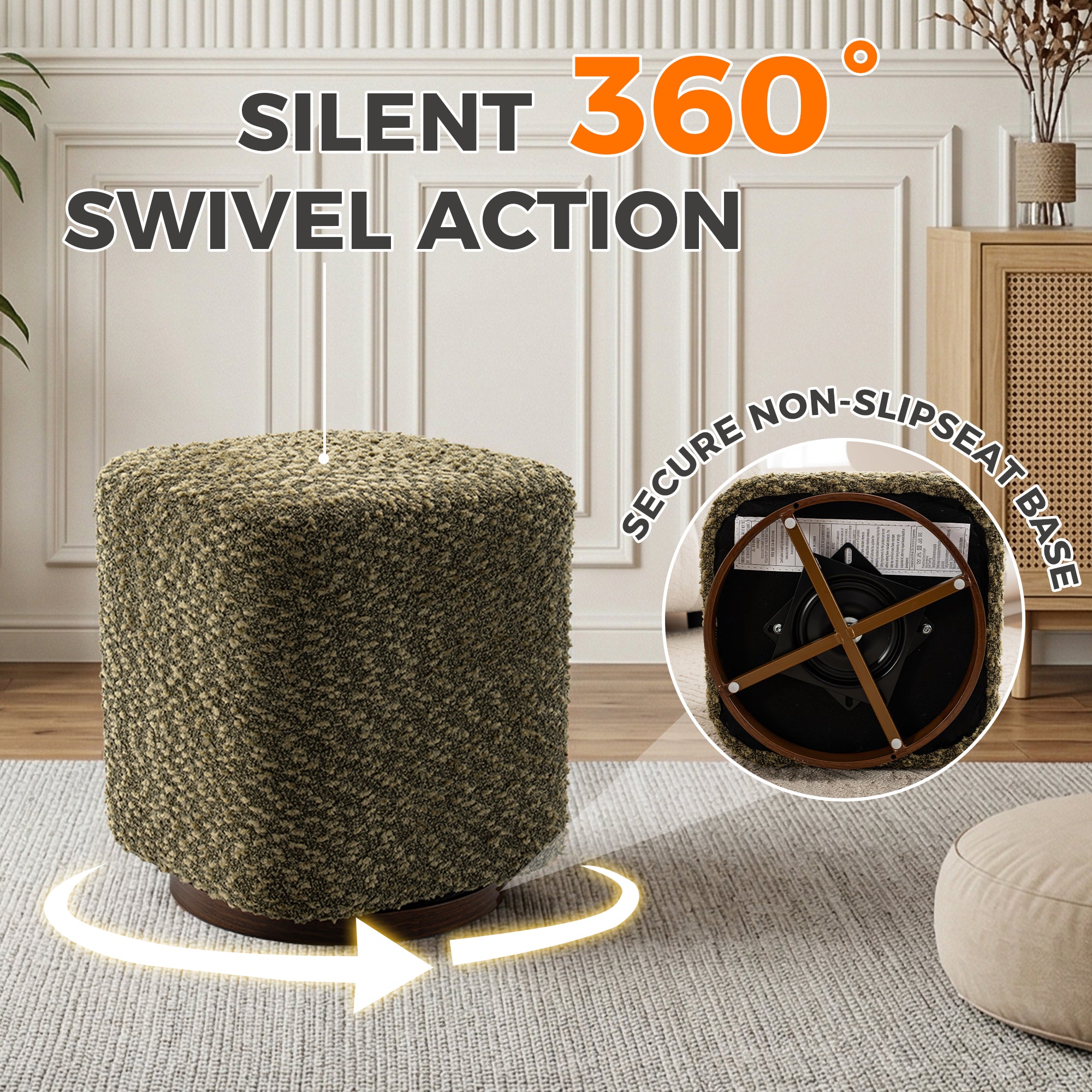 Olive Upholstered 360° Swivel Vanity Stool, Modern Makeup Chair with Soft Fabric Cushion for Bedroom or Living Room - Grand Goldman Shop