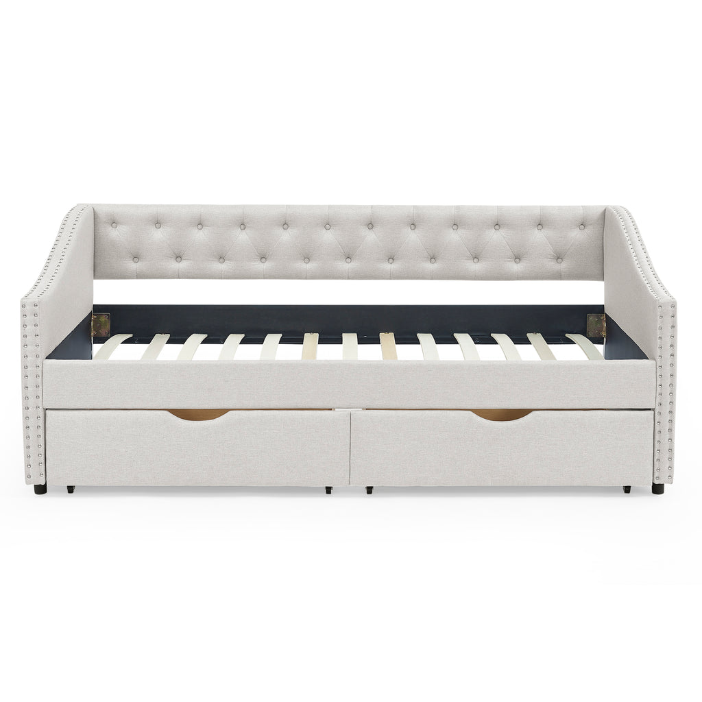 Mid-Century Twin Size Daybed with Drawers, Button Tufted Back and Copper Nail Trimmed Waved Arms, Beige Linen Upholstery, 81.5''x41''x30.5'' - Grand Goldman Shop