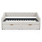 Mid-Century Twin Size Daybed with Drawers, Button Tufted Back and Copper Nail Trimmed Waved Arms, Beige Linen Upholstery, 81.5''x41''x30.5'' - Grand Goldman Shop