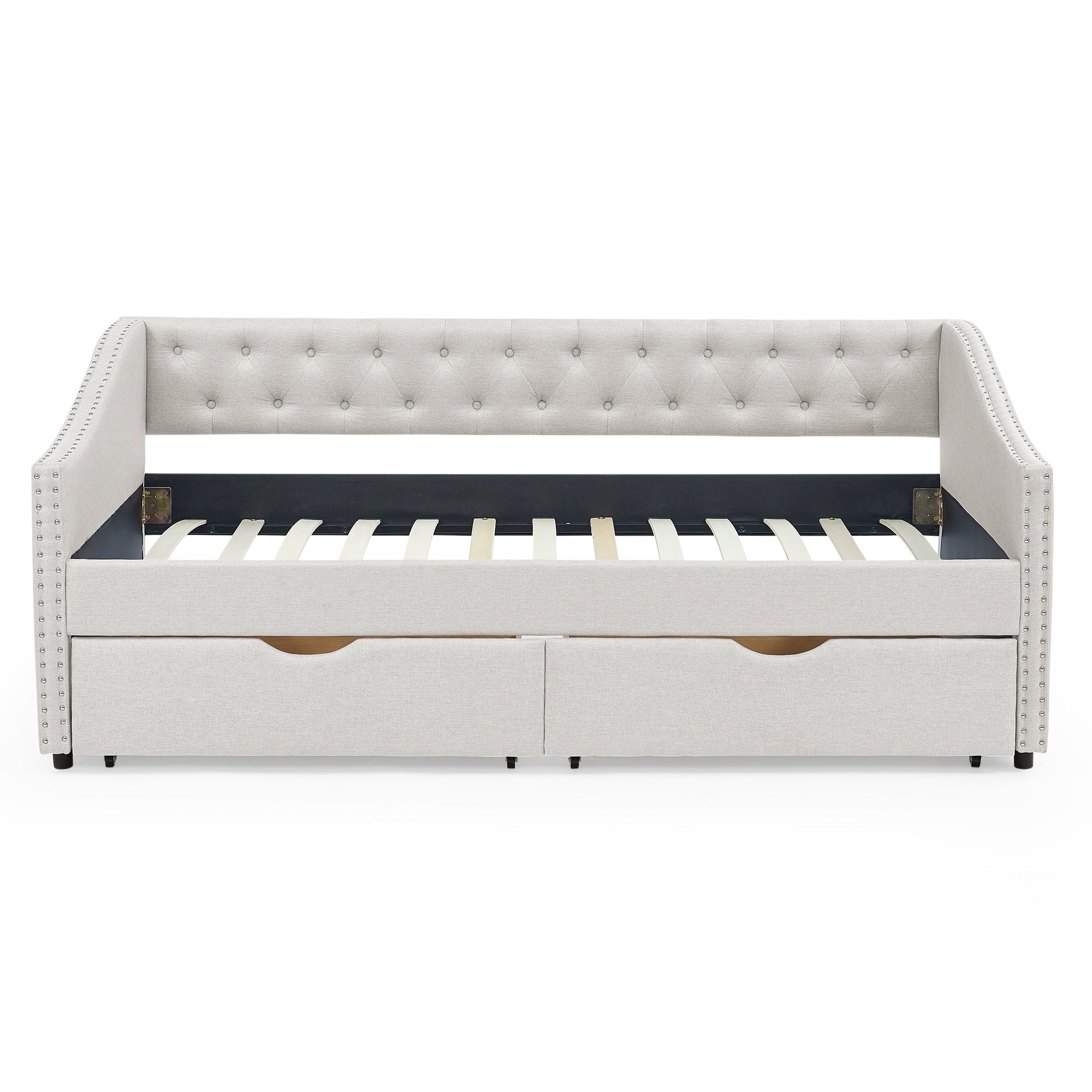 Mid-Century Twin Size Daybed with Drawers, Button Tufted Back and Copper Nail Trimmed Waved Arms, Beige Linen Upholstery, 81.5''x41''x30.5'' - Grand Goldman Shop