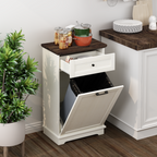 10 Gallon Tilt Out Trash Cabinet Freestanding Trash Bin Cabinet Wood Garbage Recycling Cabinet with Drawer Pet Proof Trash Can Holder for Kitchen Living Room, Antique White (Not include trash can) - Grand Goldman Shop