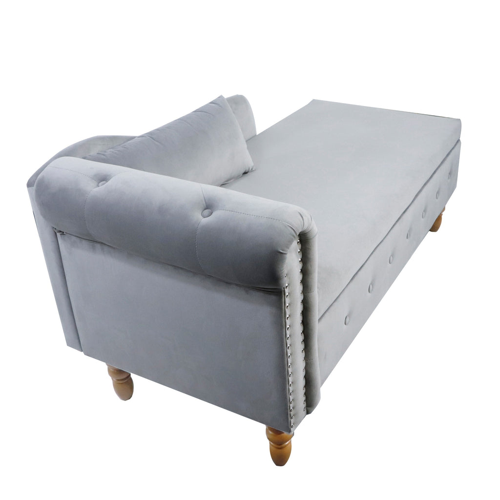 Grey Chaise Lounge Indoor, Velvet Lounge Chair for Bedroom with Storage & Pillow, Modern Upholstered Rolled Arm Chase Lounge for Sleeping with Nailhead Trim for Living Room Bedroom Office - Grand Goldman Shop