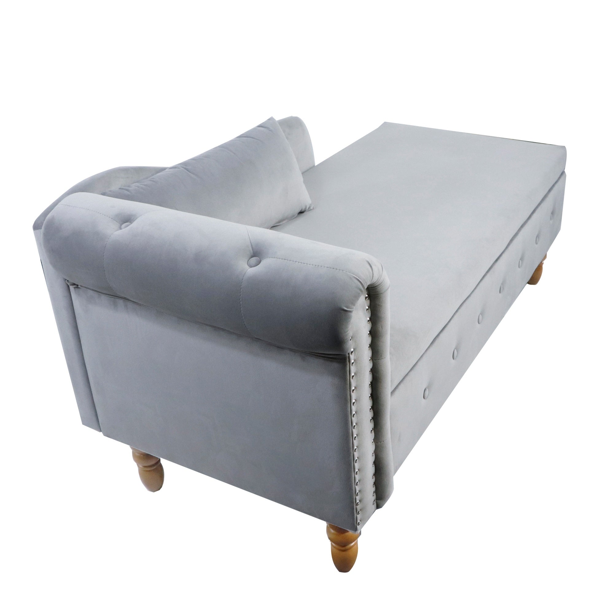 Grey Chaise Lounge Indoor, Velvet Lounge Chair for Bedroom with Storage & Pillow, Modern Upholstered Rolled Arm Chase Lounge for Sleeping with Nailhead Trim for Living Room Bedroom Office - Grand Goldman Shop