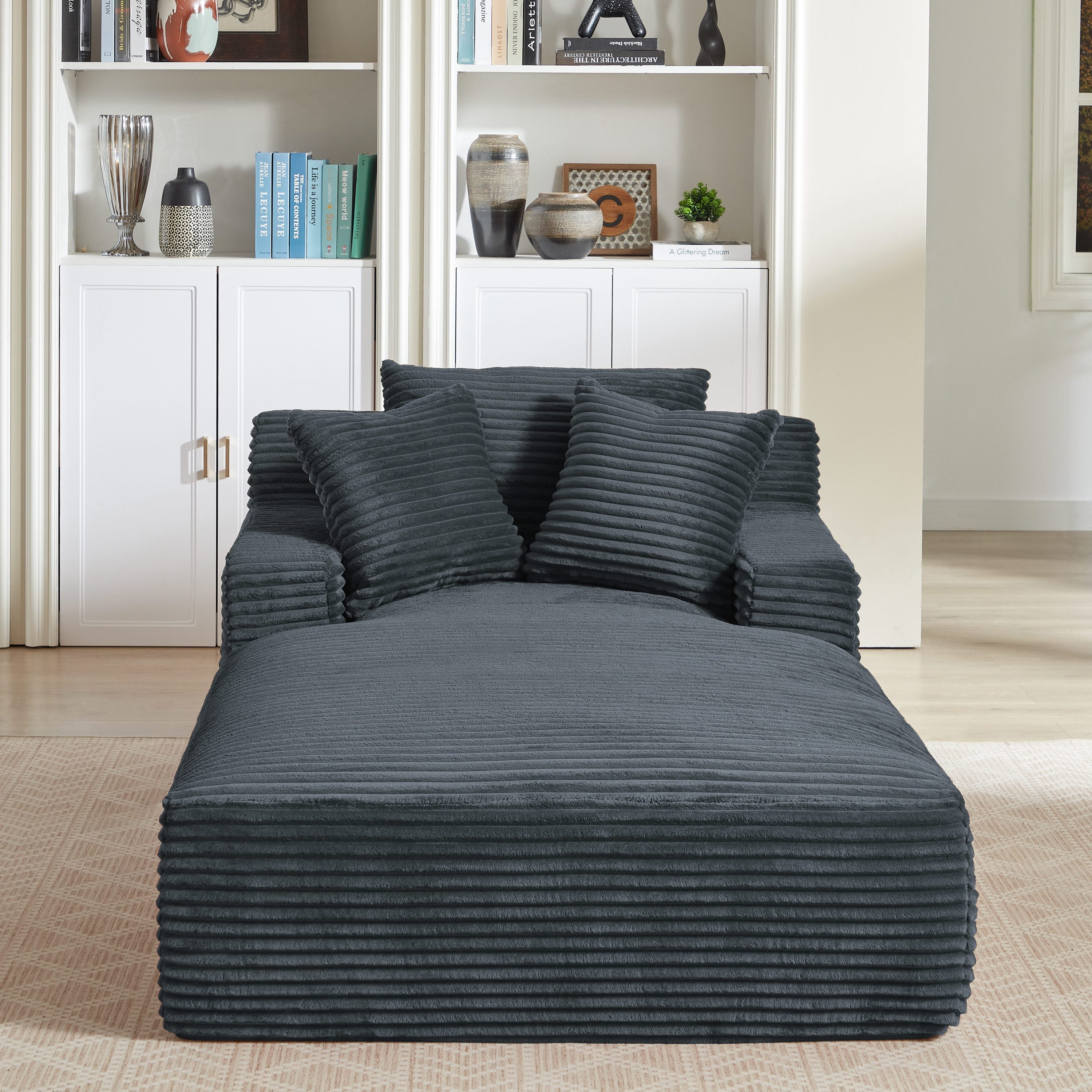 Oversized Chaise Lounge Chair Indoor, Corduroy Upholstered Modern Sofa Couch in Dark Grey, No Assembly Required, Comfy Sleeper Sofa for Living Room or Office - Grand Goldman Shop