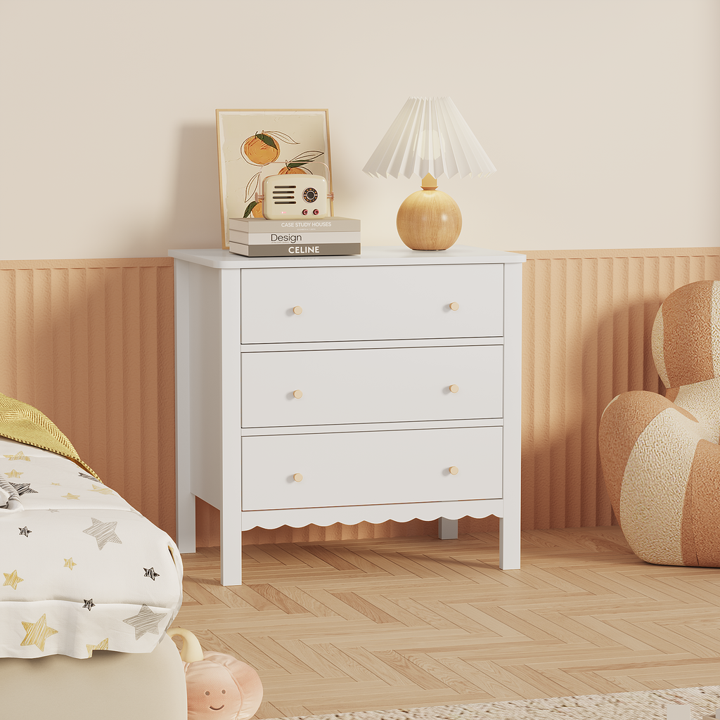 White 3 Drawer Dresser for Bedroom, Modern MDF Painted Chest of Drawers with Gold Knobs, Wooden Storage Cabinet for Kids, Nur