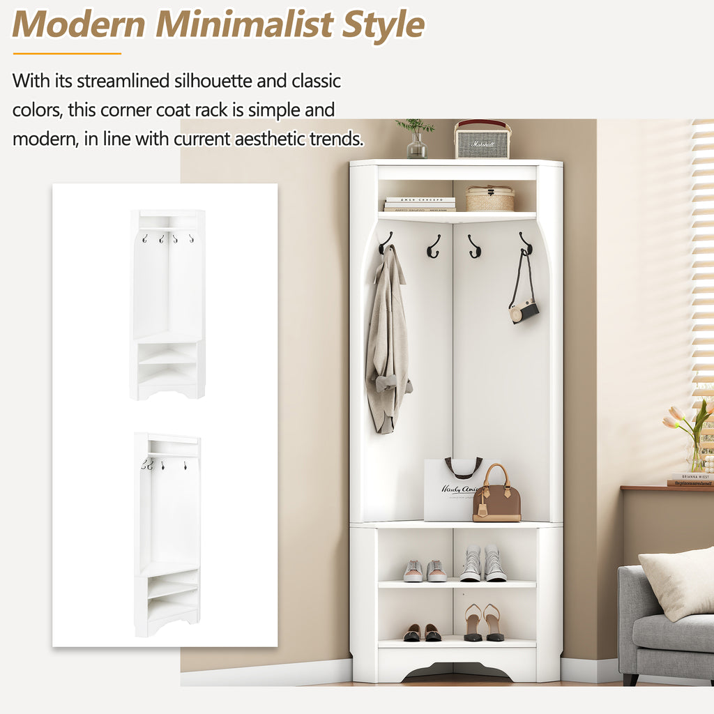 Minimalist Corner Hall Tree with Shoe Bench, Versatile Entryway Coat Rack with 4 Hooks, Corner Cabinet with Adjustable Shelf for Hallway, Living Room, White, 29.5''W*71.6''H (OLD SKU: N721P189665K) - Grand Goldman Shop