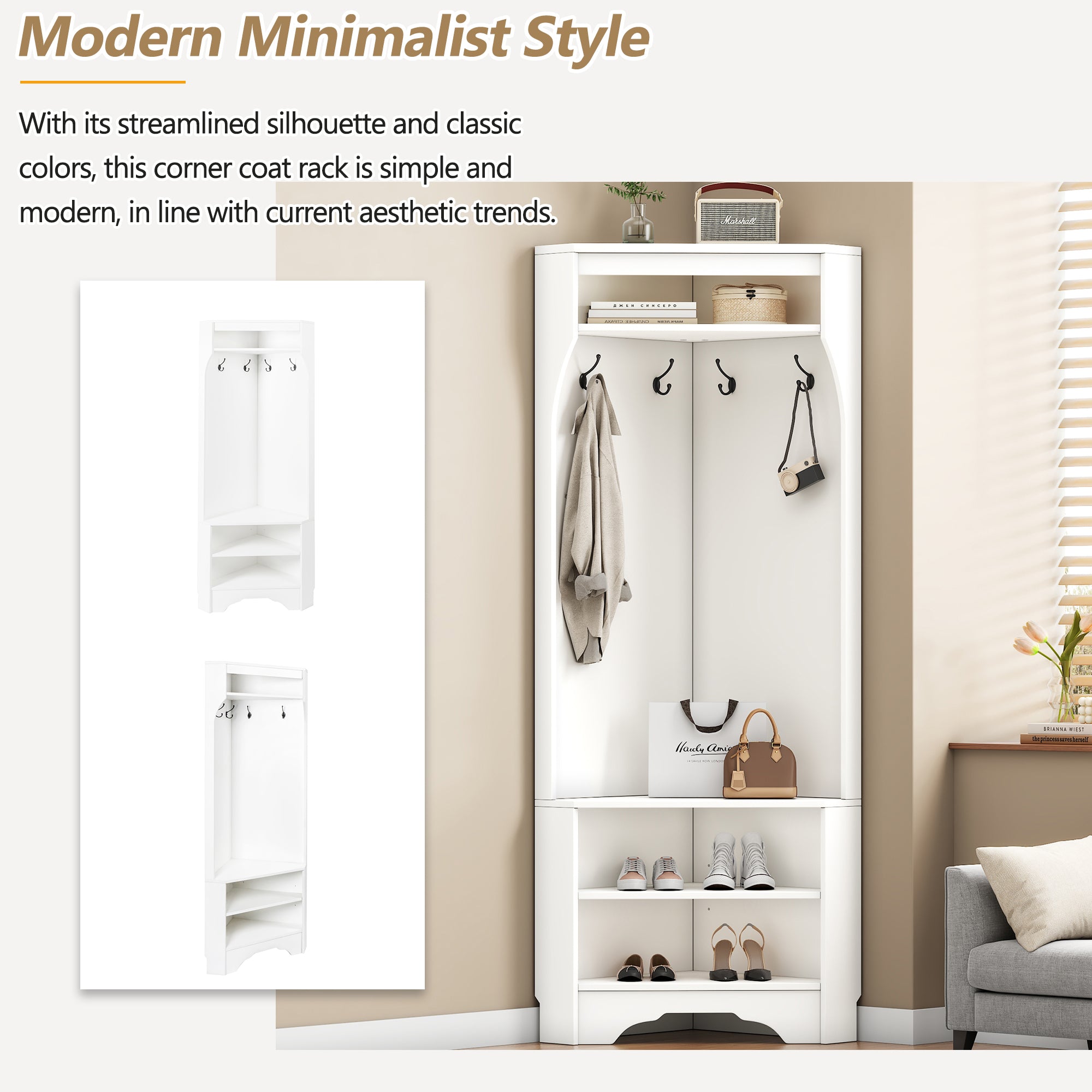 Minimalist Corner Hall Tree with Shoe Bench, Versatile Entryway Coat Rack with 4 Hooks, Corner Cabinet with Adjustable Shelf for Hallway, Living Room, White, 29.5''W*71.6''H (OLD SKU: N721P189665K) - Grand Goldman Shop
