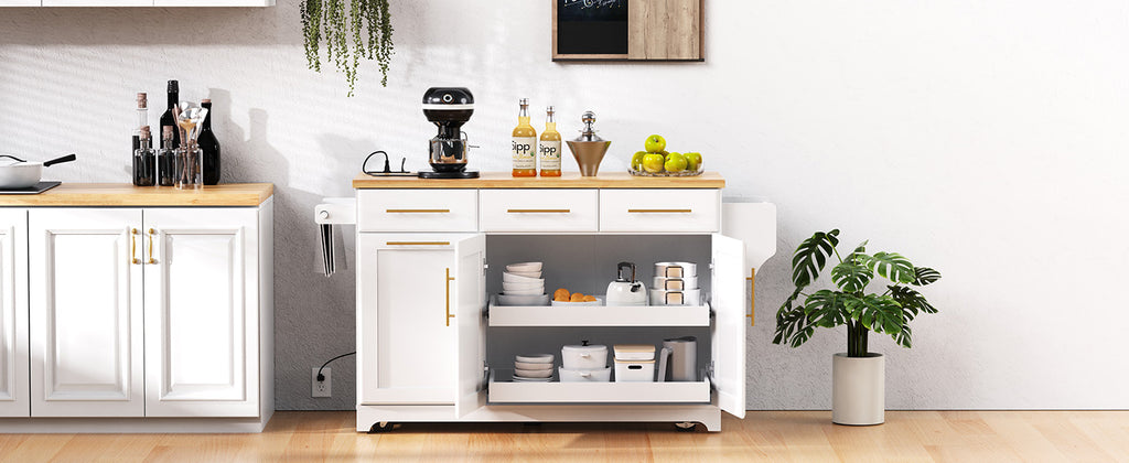 K&K 59.3' Kitchen Island with Storage 2 Pull Out Cabinet Organizers & Rubber Wood Drop Leaf, Rolling Kitchen Island with Trash Can Storage, Power Outlet, Spice & Towel Rack for Kitchen, Dining, White - Grand Goldman Shop