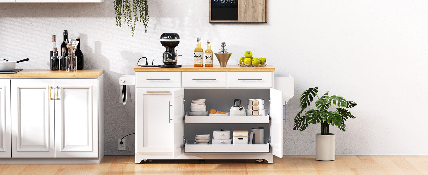 K&K 59.3' Kitchen Island with Storage 2 Pull Out Cabinet Organizers & Rubber Wood Drop Leaf, Rolling Kitchen Island with Trash Can Storage, Power Outlet, Spice & Towel Rack for Kitchen, Dining, White - Grand Goldman Shop