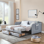 Linen Grey Mid-Century Style Twin Daybed with Trundle and Storage Drawers, Flat Arms with Pocket, Extendable for Bedroom or Living Room - Grand Goldman Shop