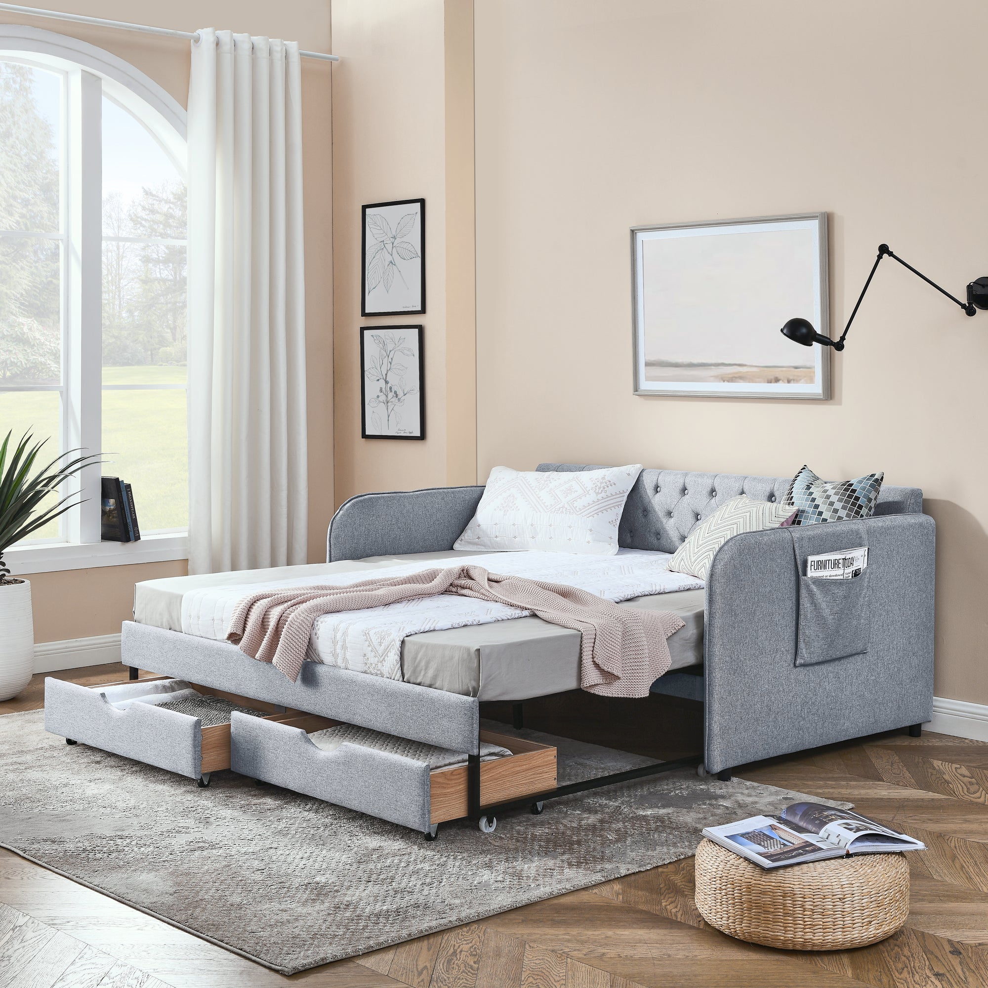 Linen Grey Mid-Century Style Twin Daybed with Trundle and Storage Drawers, Flat Arms with Pocket, Extendable for Bedroom or Living Room - Grand Goldman Shop