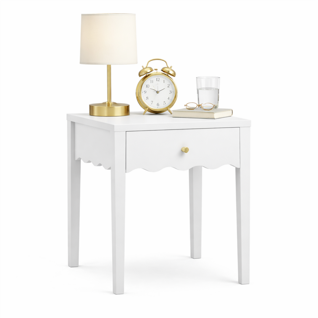 White Nightstand with Drawer, Modern Bedside Table with Wavy Apron Design, Compact End Table for Bedroom Living Room, Small Side Table with Storage - Grand Goldman Shop